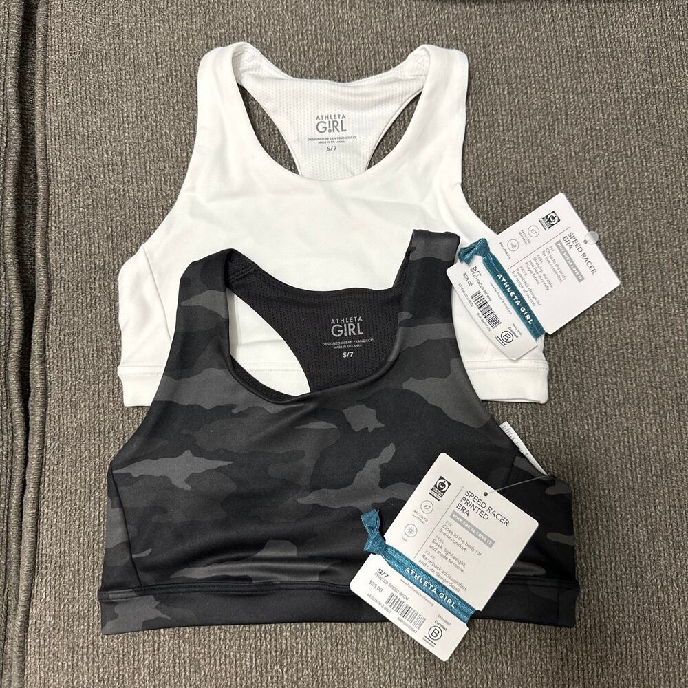 Lot of 2 Athleta Girl Speed Racer Bra Size Small 7 White Black Camo